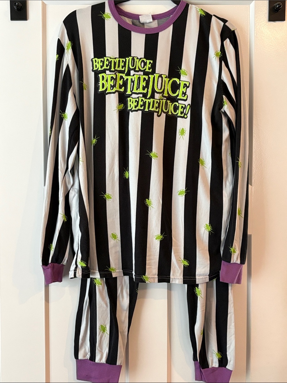 Beetlejuice mens Black & White Striped Pajama Set with Purple Trim